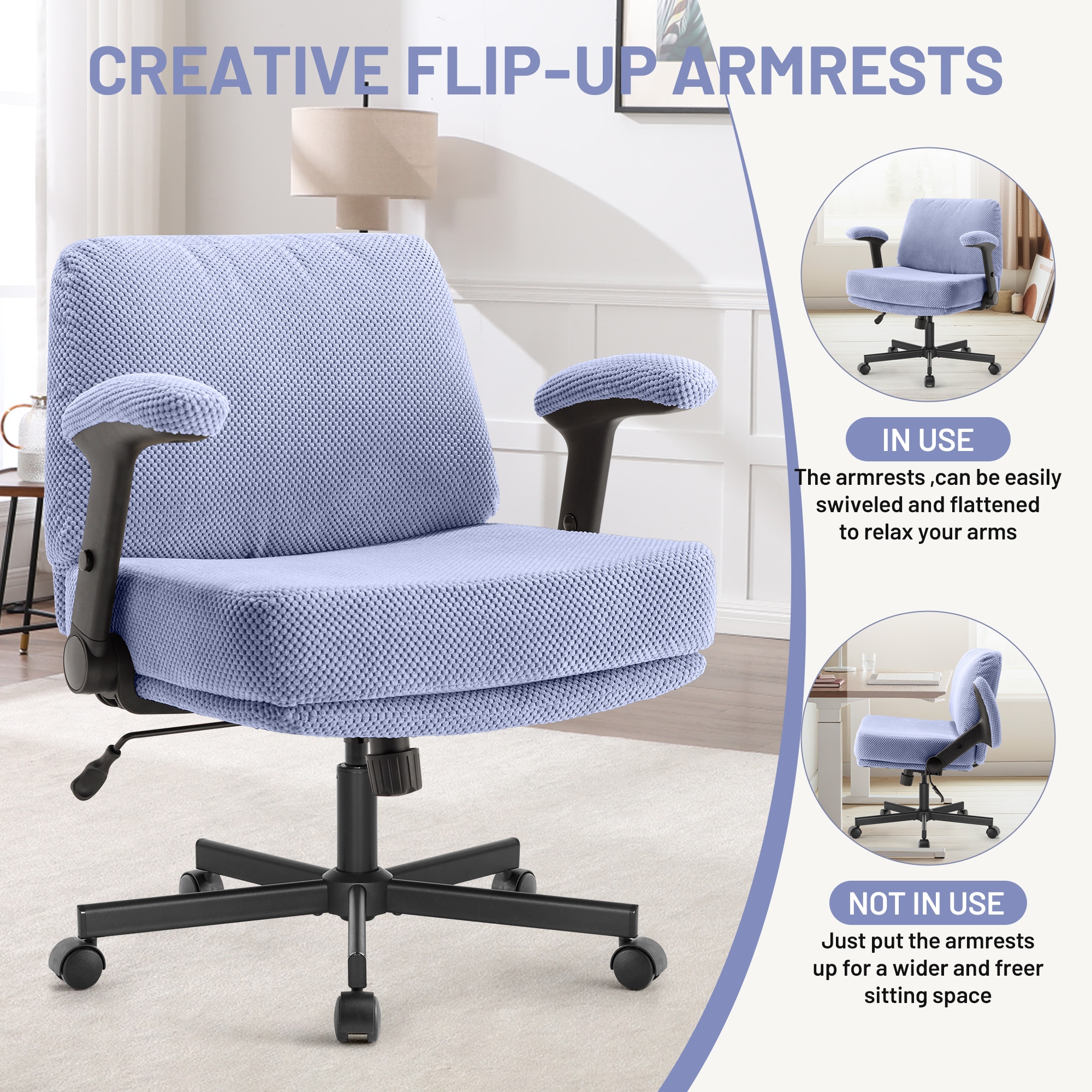Criss Cross Chair With Wheels And Flip Arms- Comfy Fabric Cross Legged Office Chair With Thick Cushion&Wide Seat, Adjustable Swivel Desk Chair For Home Office, Apartment, Bedroom_voghion.com